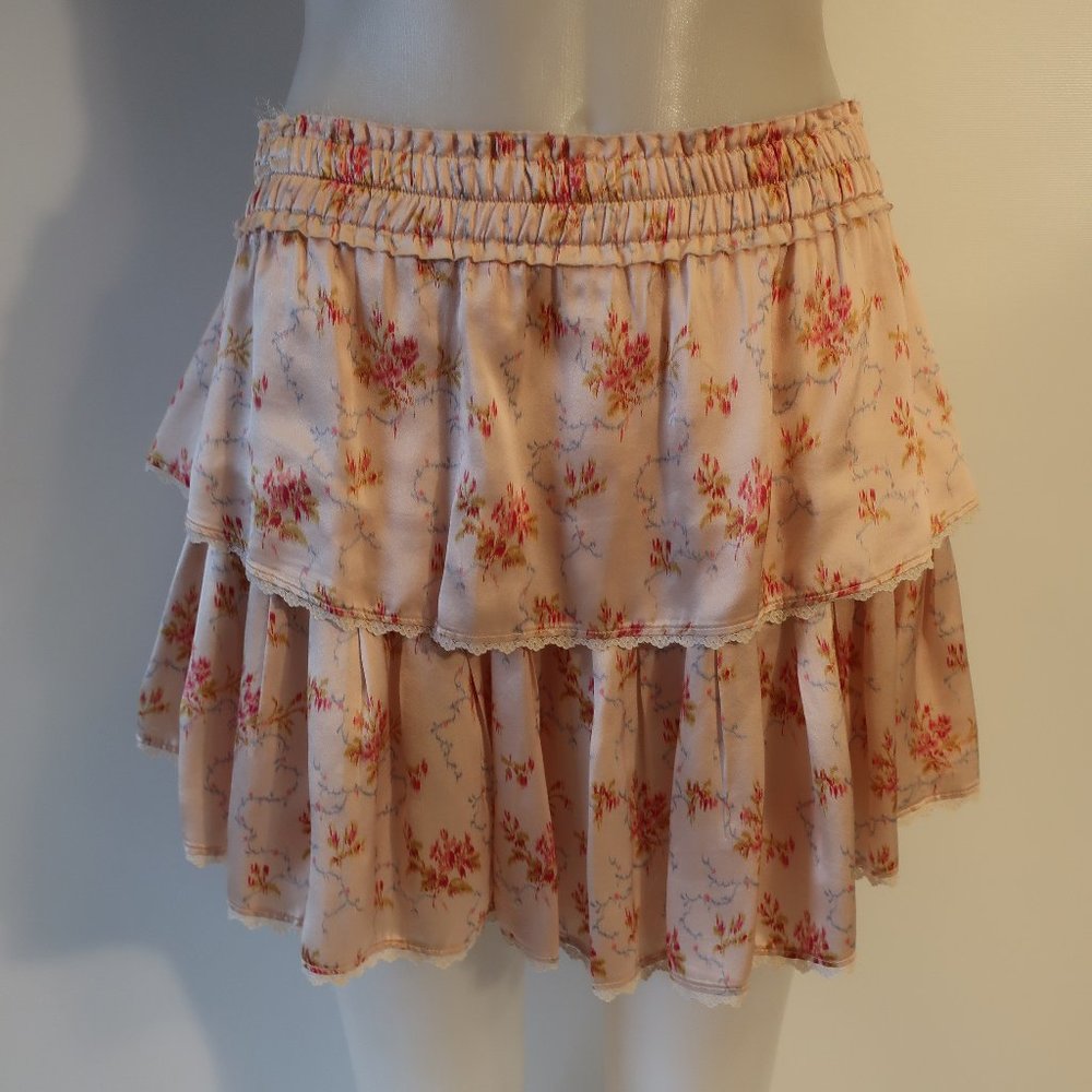 Womens LoveShackFancy Pale Pink Silk Satin Floral Tiered Mini Skirt L *